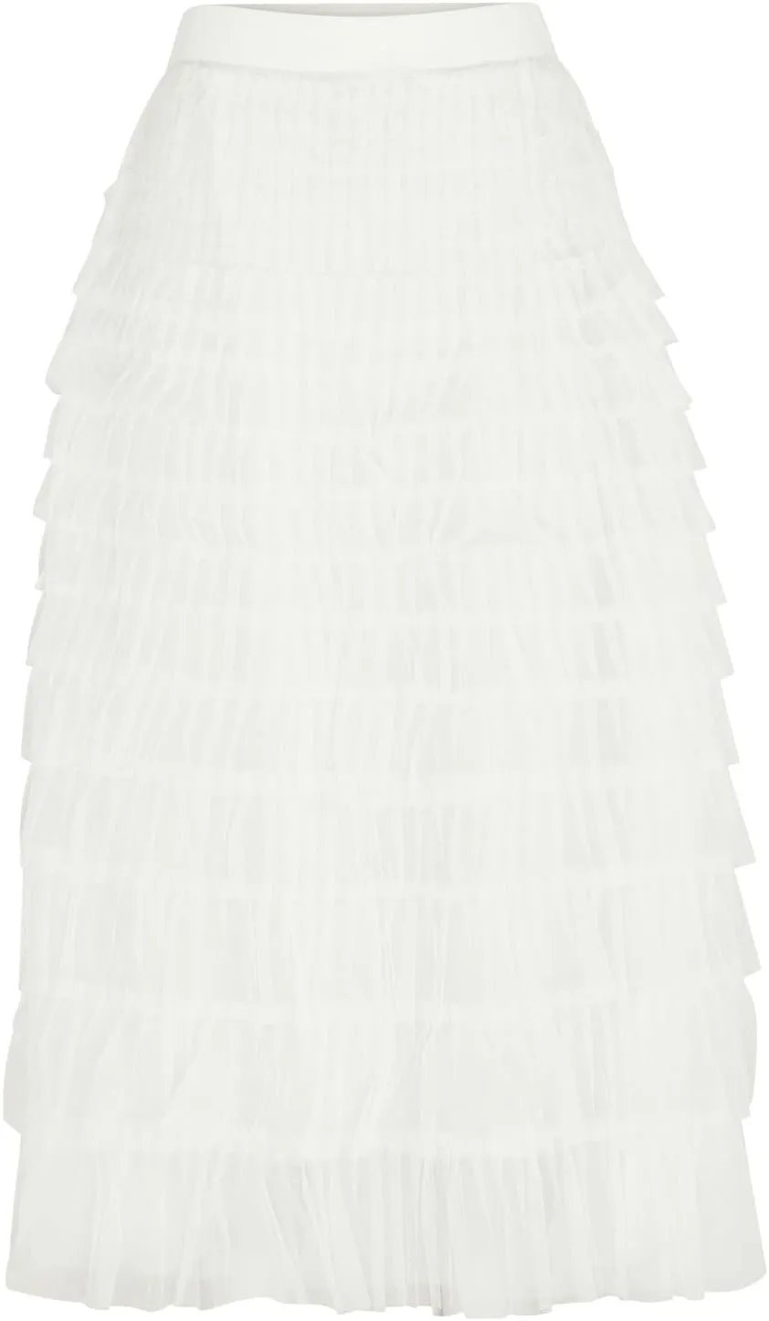 2025 Women's Tulle Midi Skirt Elastic High Waist Layered Pleated Mesh Flowy A-Line Prom Party Long Tutu Skirts