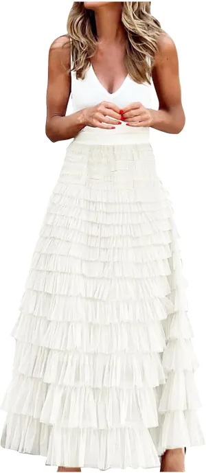 2025 Women's Tulle Midi Skirt Elastic High Waist Layered Pleated Mesh Flowy A-Line Prom Party Long Tutu Skirts