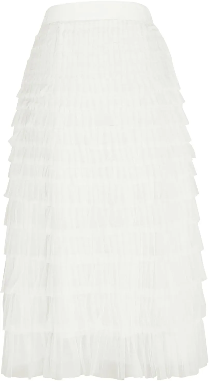 2025 Women's Tulle Midi Skirt Elastic High Waist Layered Pleated Mesh Flowy A-Line Prom Party Long Tutu Skirts