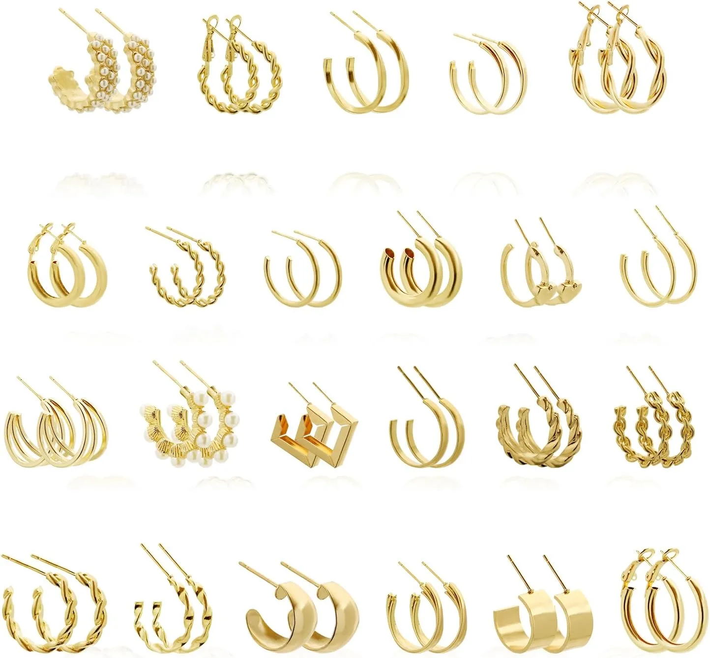 24 Pairs Small Gold Earrings Set for Women Gold Hoop Earring Set Chunky Twisted Open Hoop Earrings Pack Geometric Rectangle Earrings Fashion Gold Pearl Earrings Jewelry