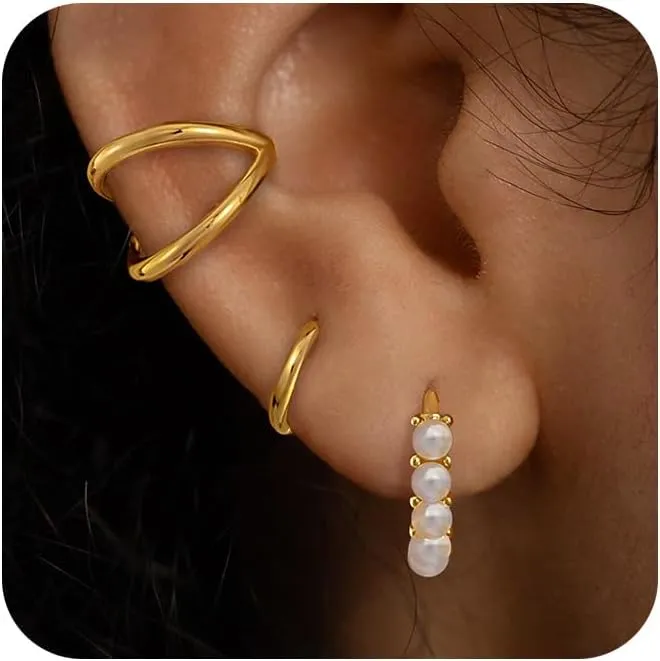 3 Pairs Pearl Earrings for Women, Gold Earrings for Women Trendy Pearl Earrings 14K Gold Hoop Earrings Huggie Earrings Dainty Pearl Drop Earrings Gold Stud Earrings Cartilage Earring Jewelry