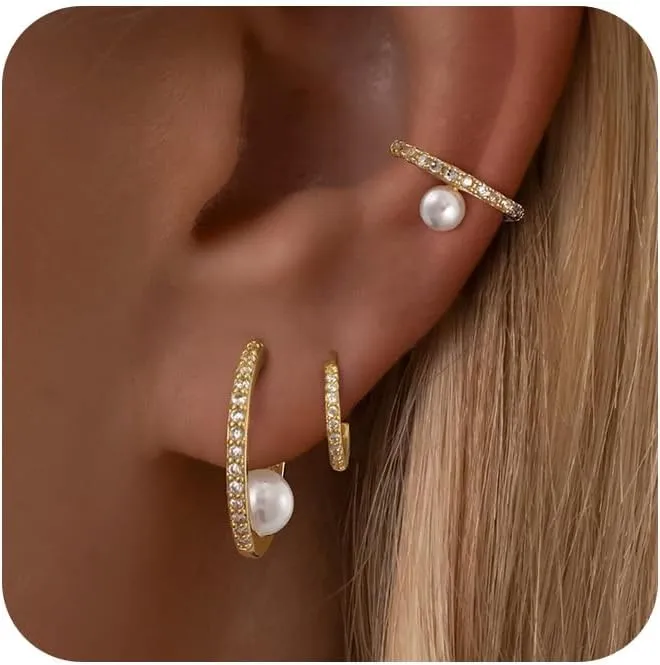 3 Pairs Pearl Earrings for Women, Gold Earrings for Women Trendy Pearl Earrings 14K Gold Hoop Earrings Huggie Earrings Dainty Pearl Drop Earrings Gold Stud Earrings Cartilage Earring Jewelry