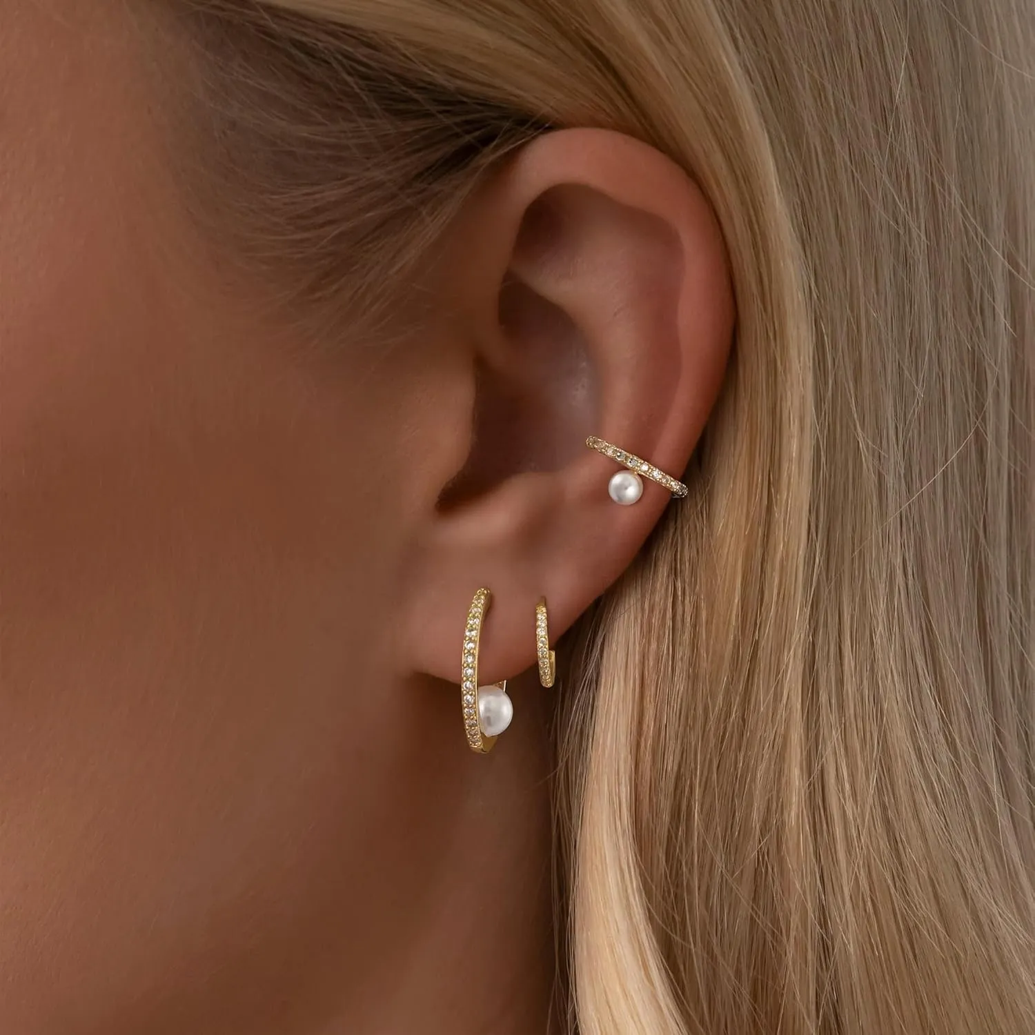3 Pairs Pearl Earrings for Women, Gold Earrings for Women Trendy Pearl Earrings 14K Gold Hoop Earrings Huggie Earrings Dainty Pearl Drop Earrings Gold Stud Earrings Cartilage Earring Jewelry