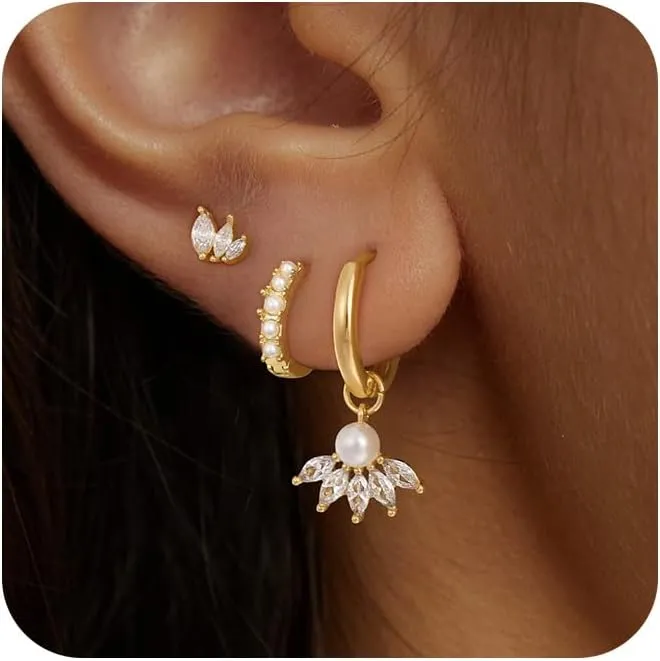 3 Pairs Pearl Earrings for Women Trendy, 14K Gold Hoop Earrings Pearl Earrings Cubic Zirconia Studs Hypoallergenic Small Gold Pearl Drop Earrings Hoops Dainty Gold Huggie Earrings Jewelry Gift