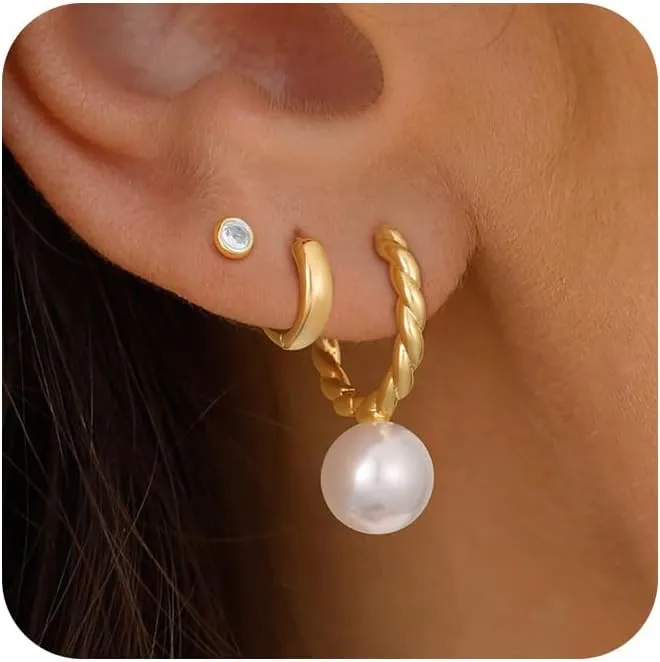 3 Pairs Pearl Earrings for Women Trendy, 14K Gold Hoop Earrings Pearl Earrings Cubic Zirconia Studs Hypoallergenic Small Gold Pearl Drop Earrings Hoops Dainty Gold Huggie Earrings Jewelry Gift