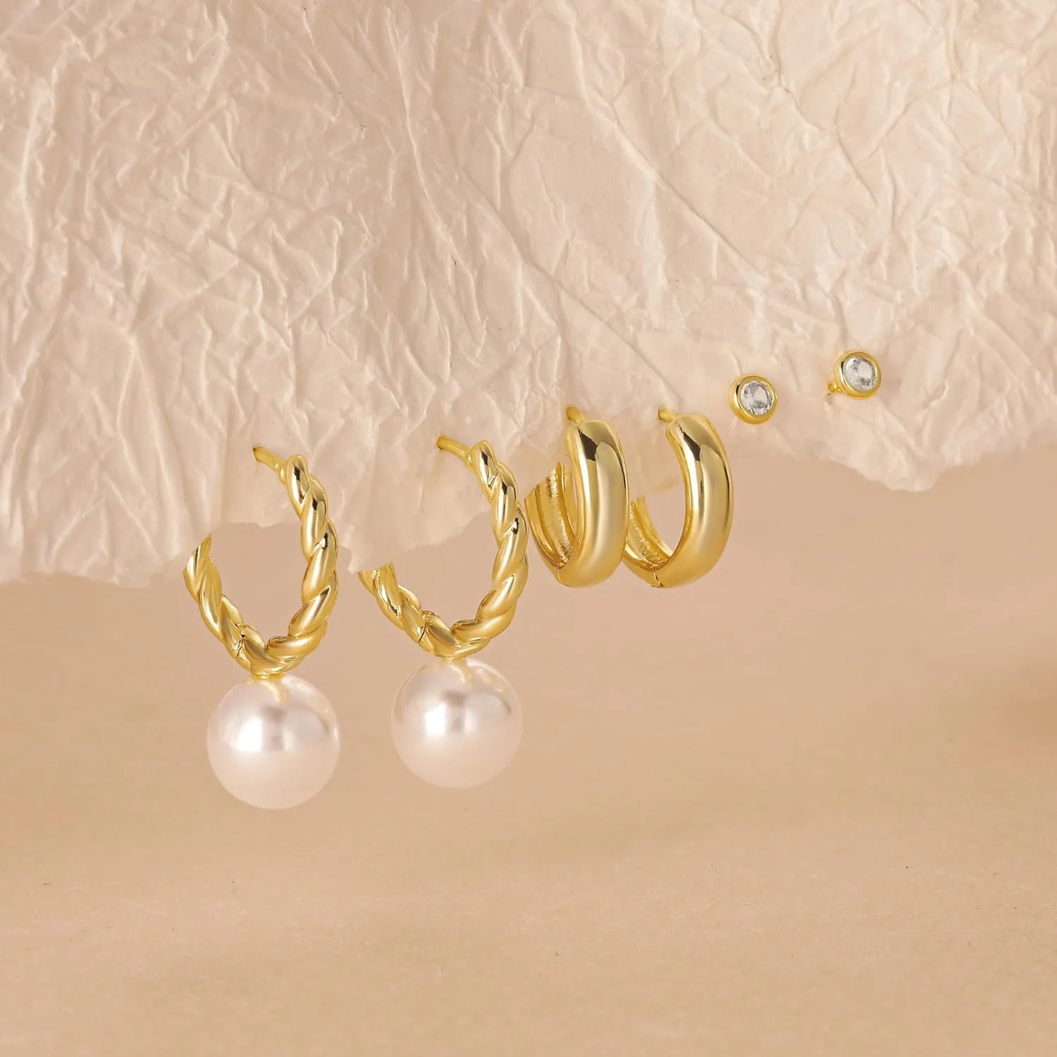 3 Pairs Pearl Earrings for Women Trendy, 14K Gold Hoop Earrings Pearl Earrings Cubic Zirconia Studs Hypoallergenic Small Gold Pearl Drop Earrings Hoops Dainty Gold Huggie Earrings Jewelry Gift