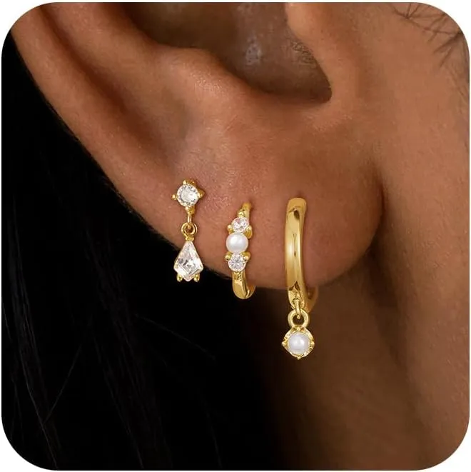 3 Pairs Pearl Earrings for Women Trendy, 14K Gold Hoop Earrings Pearl Earrings Cubic Zirconia Studs Hypoallergenic Small Gold Pearl Drop Earrings Hoops Dainty Gold Huggie Earrings Jewelry Gift