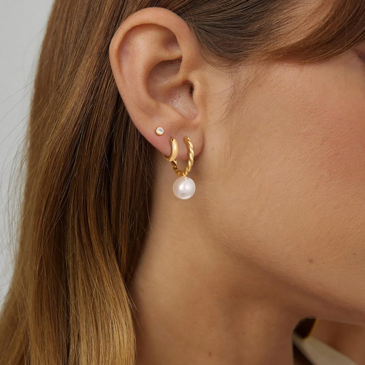 3 Pairs Pearl Earrings for Women Trendy, 14K Gold Hoop Earrings Pearl Earrings Cubic Zirconia Studs Hypoallergenic Small Gold Pearl Drop Earrings Hoops Dainty Gold Huggie Earrings Jewelry Gift