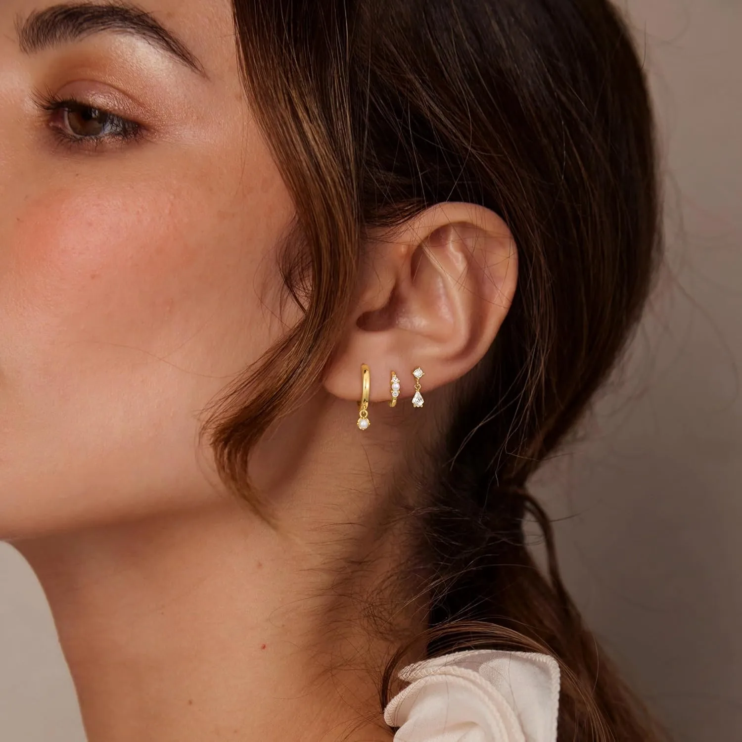 3 Pairs Pearl Earrings for Women Trendy, 14K Gold Hoop Earrings Pearl Earrings Cubic Zirconia Studs Hypoallergenic Small Gold Pearl Drop Earrings Hoops Dainty Gold Huggie Earrings Jewelry Gift