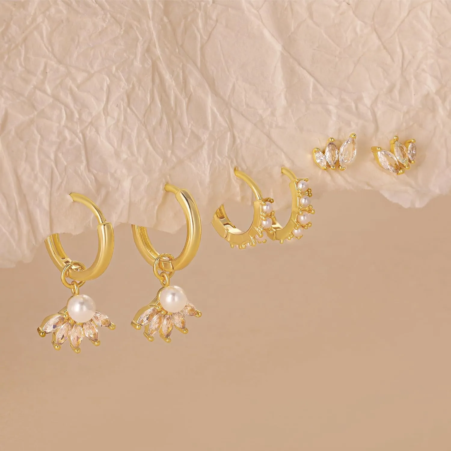3 Pairs Pearl Earrings for Women Trendy, 14K Gold Hoop Earrings Pearl Earrings Cubic Zirconia Studs Hypoallergenic Small Gold Pearl Drop Earrings Hoops Dainty Gold Huggie Earrings Jewelry Gift