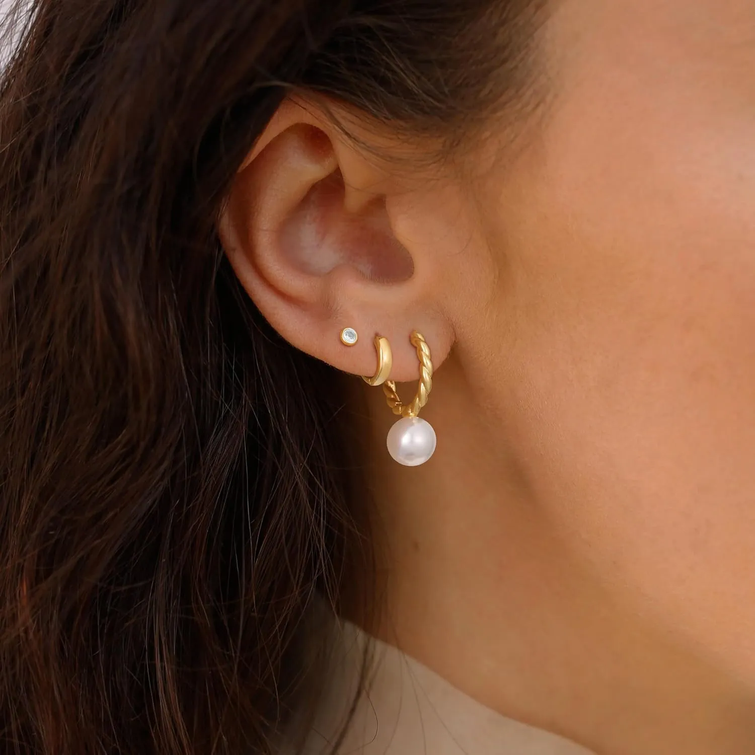 3 Pairs Pearl Earrings for Women Trendy, 14K Gold Hoop Earrings Pearl Earrings Cubic Zirconia Studs Hypoallergenic Small Gold Pearl Drop Earrings Hoops Dainty Gold Huggie Earrings Jewelry Gift