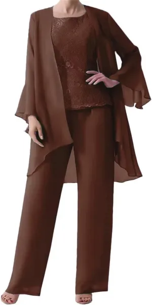 3 Pieces Mother of The Bride Dresses Pant Suits with Jackets Chiffon Jumpsuits Set Formal Evening Gown