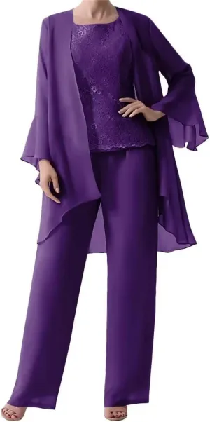 3 Pieces Mother of The Bride Dresses Pant Suits with Jackets Chiffon Jumpsuits Set Formal Evening Gown