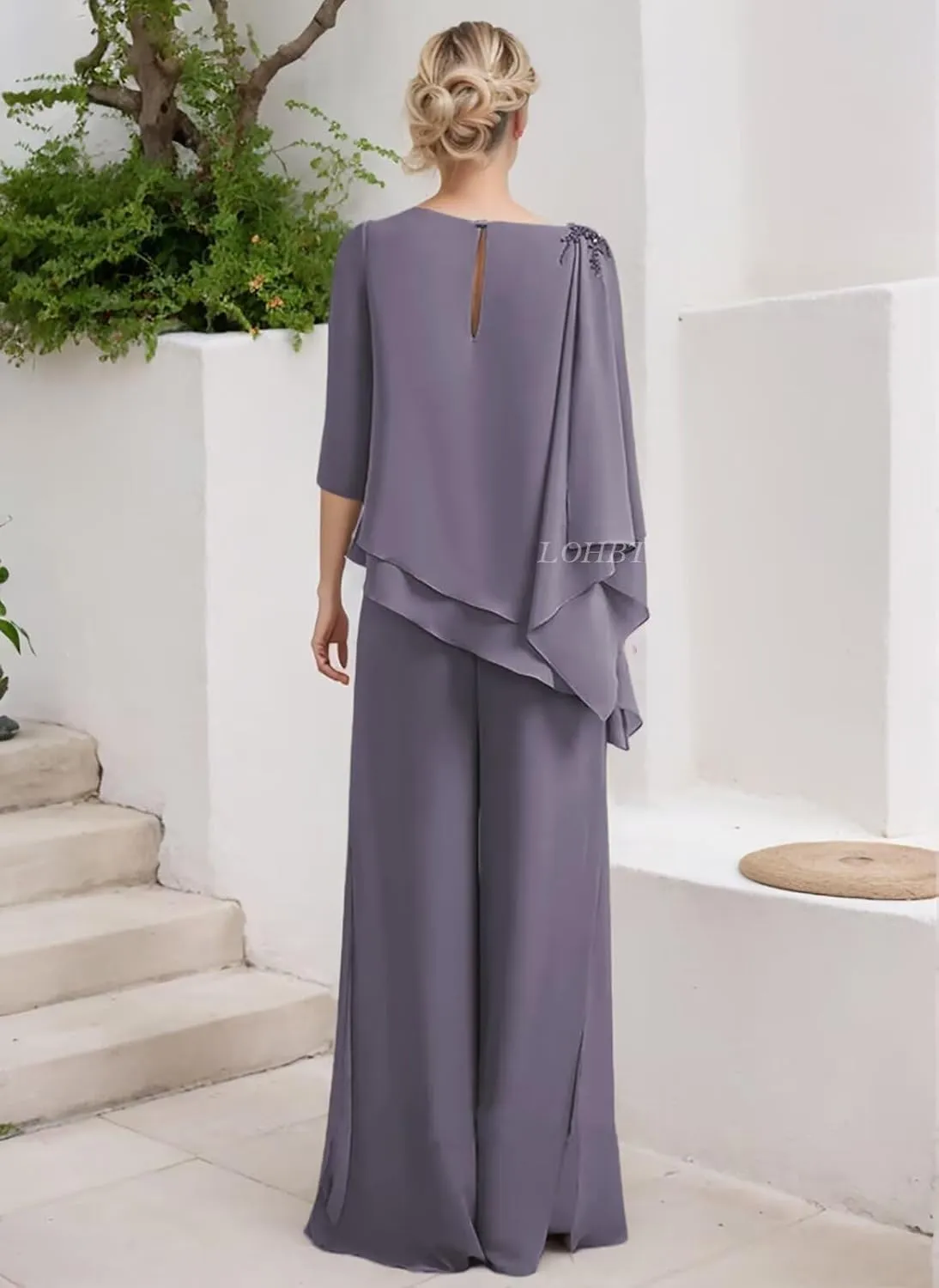 3/4 Sleeves Mother of The Bride Pant Suits for Wedding Tiered Lace Appliques Chiffon Long Formal Jumpsuits Sets