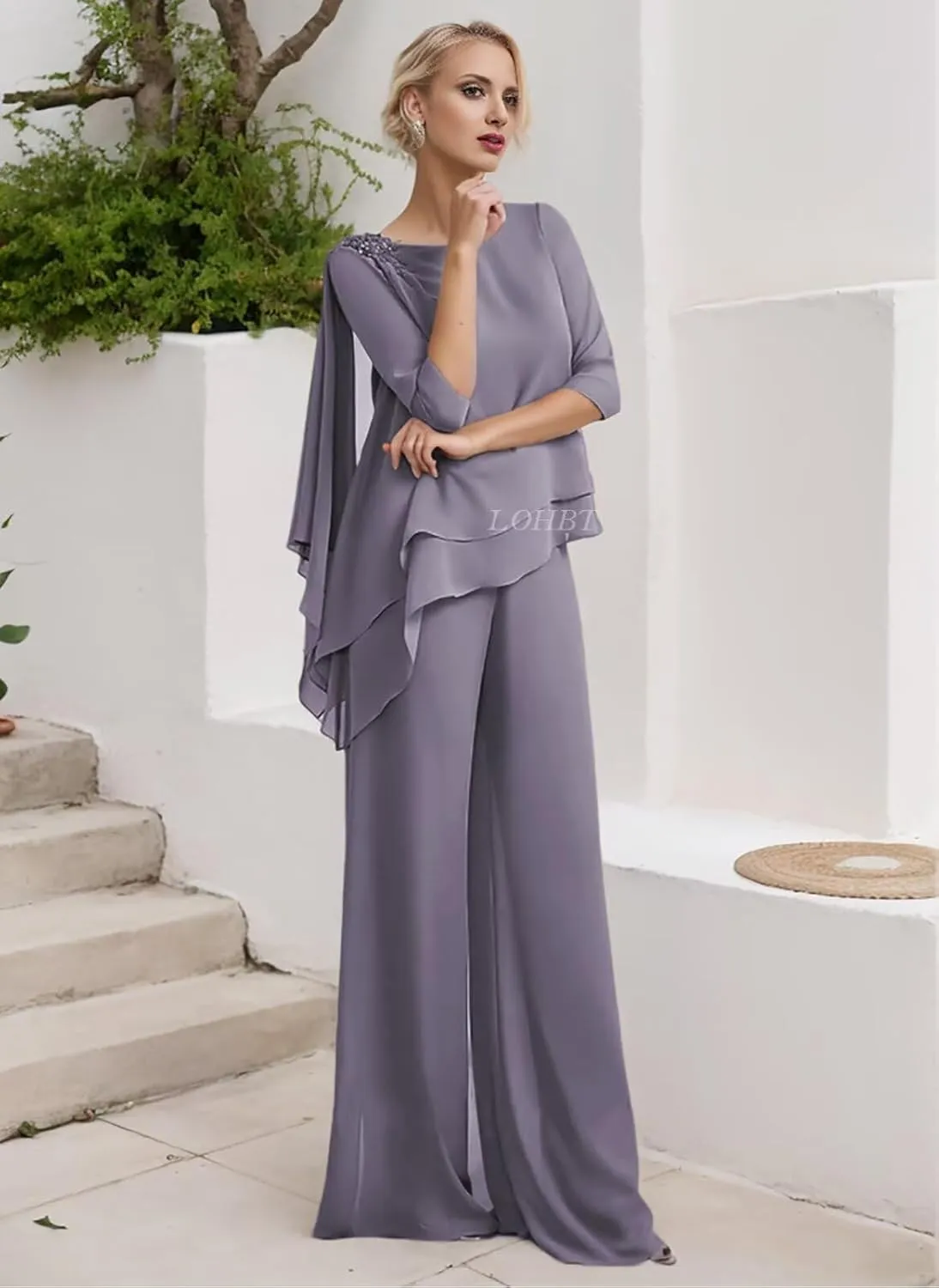 3/4 Sleeves Mother of The Bride Pant Suits for Wedding Tiered Lace Appliques Chiffon Long Formal Jumpsuits Sets
