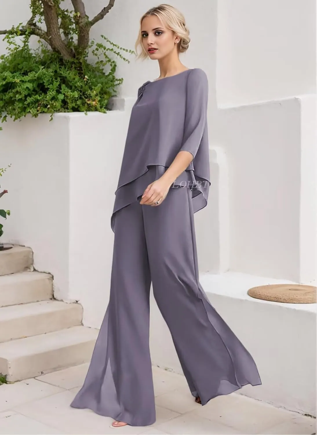 3/4 Sleeves Mother of The Bride Pant Suits for Wedding Tiered Lace Appliques Chiffon Long Formal Jumpsuits Sets