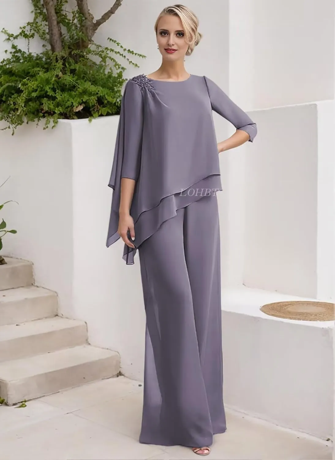 3/4 Sleeves Mother of The Bride Pant Suits for Wedding Tiered Lace Appliques Chiffon Long Formal Jumpsuits Sets
