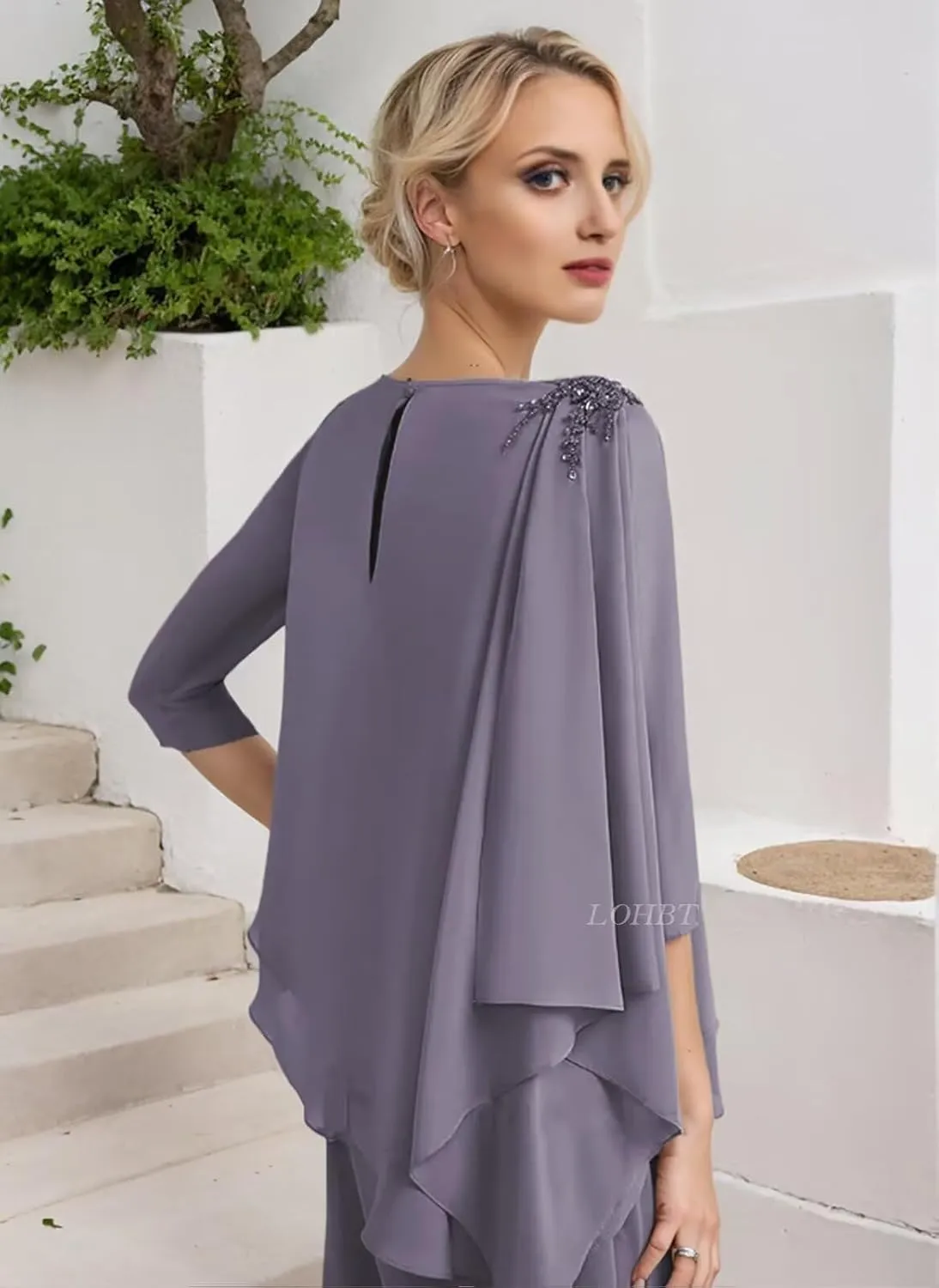 3/4 Sleeves Mother of The Bride Pant Suits for Wedding Tiered Lace Appliques Chiffon Long Formal Jumpsuits Sets