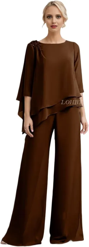 3/4 Sleeves Mother of The Bride Pant Suits for Wedding Tiered Lace Appliques Chiffon Long Formal Jumpsuits Sets