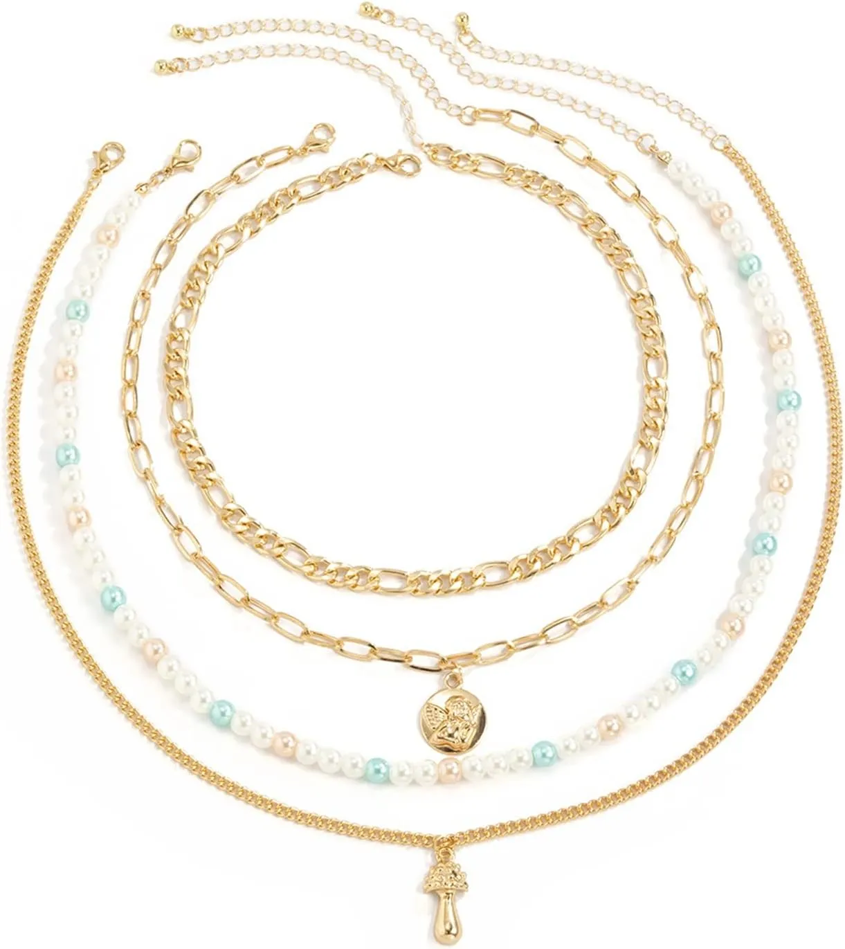 4 Layered Necklaces for Women, Layered Necklaces for Women Adjustable Gold Plated Figaro and Bead Chain Necklace with Charms