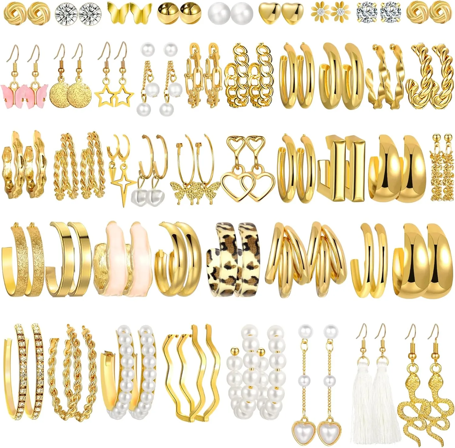 46 Pairs Gold Hoop Earrings Set for Women, Fashion Hypoallergenic Chunky Twisted Pearl Stud Earrings Multipack, Small Big Hoops Earring Packs Trendy for Christmas Birthday Party Jewelry Gift