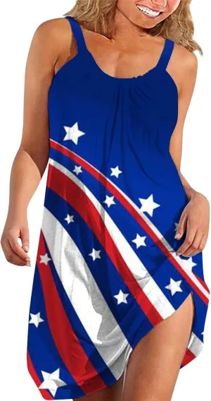 4th of July Dresses for Women Summer Casual Sleeveless Beach Flowy Sundress Patriotic American Flag Stars Tank Dress