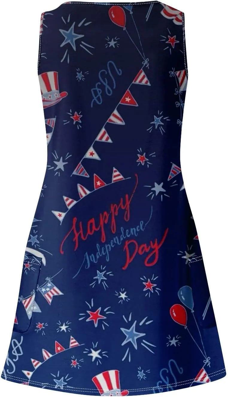 4th of July Patriotic Red White and Blue Dresses for Women 2024 Crewneck USA Flag Sleeveless Mini Sundress