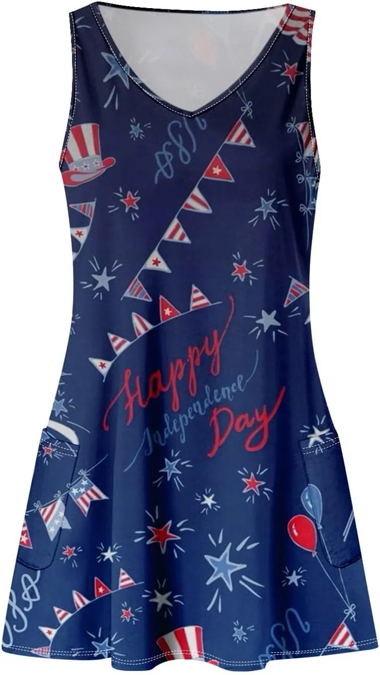 4th of July Patriotic Red White and Blue Dresses for Women 2024 Crewneck USA Flag Sleeveless Mini Sundress