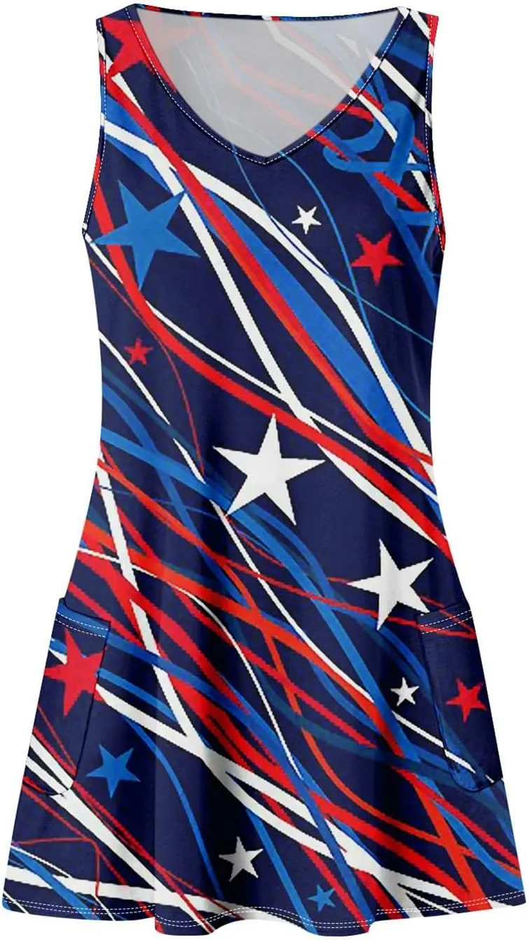 4th of July Patriotic Red White and Blue Dresses for Women 2024 Crewneck USA Flag Sleeveless Mini Sundress