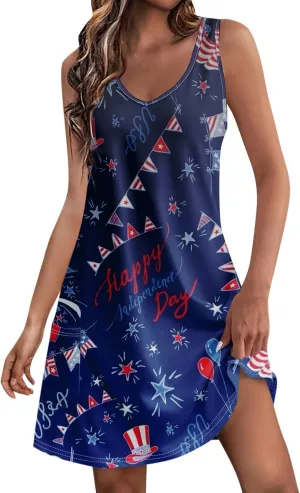 4th of July Patriotic Red White and Blue Dresses for Women 2024 Crewneck USA Flag Sleeveless Mini Sundress