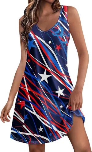 4th of July Patriotic Red White and Blue Dresses for Women 2024 Crewneck USA Flag Sleeveless Mini Sundress