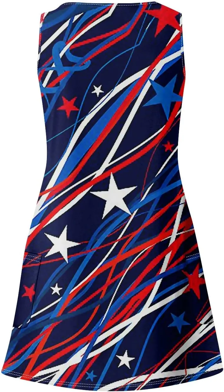 4th of July Patriotic Red White and Blue Dresses for Women 2024 Crewneck USA Flag Sleeveless Mini Sundress