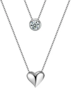 925 Sterling Silver Necklace Double Layer Chain Zircon Heart Pendants Necklaces For Women