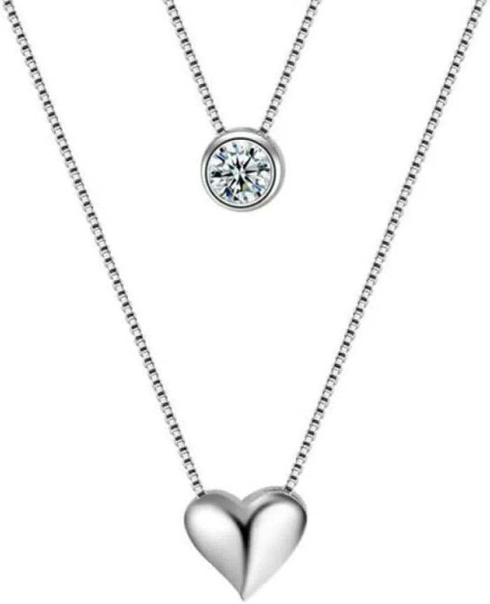 925 Sterling Silver Necklace Double Layer Chain Zircon Heart Pendants Necklaces For Women