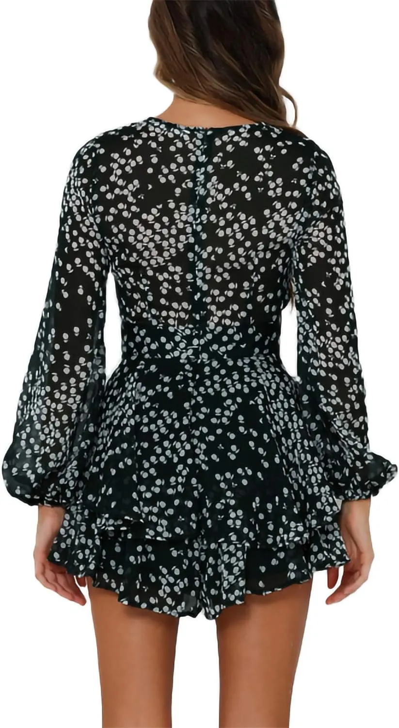 AIMCOO Women's Floral Print Deep V-Neck Romper Double Layer Ruffle Hem Jumpsuits Long Baggy Sleeves Waist Tie Short Rompers
