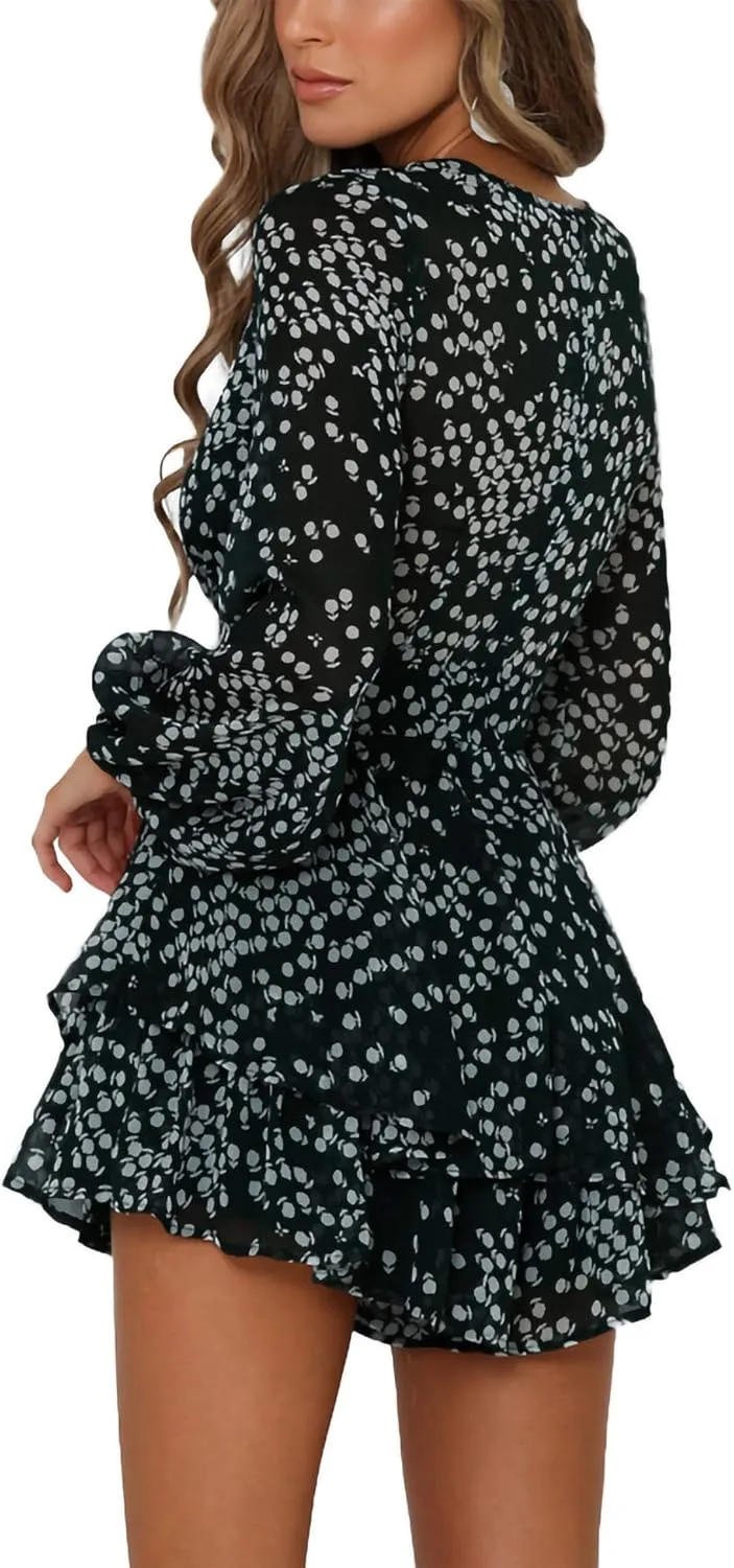 AIMCOO Women's Floral Print Deep V-Neck Romper Double Layer Ruffle Hem Jumpsuits Long Baggy Sleeves Waist Tie Short Rompers