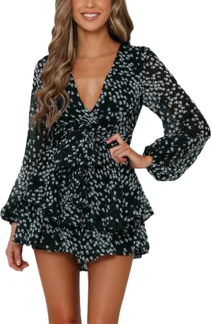 AIMCOO Women's Floral Print Deep V-Neck Romper Double Layer Ruffle Hem Jumpsuits Long Baggy Sleeves Waist Tie Short Rompers