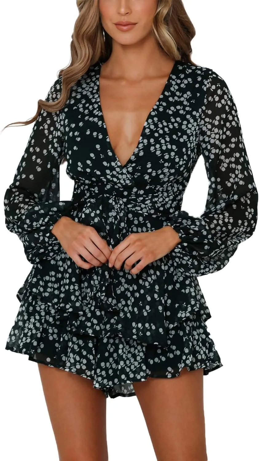 AIMCOO Women's Floral Print Deep V-Neck Romper Double Layer Ruffle Hem Jumpsuits Long Baggy Sleeves Waist Tie Short Rompers
