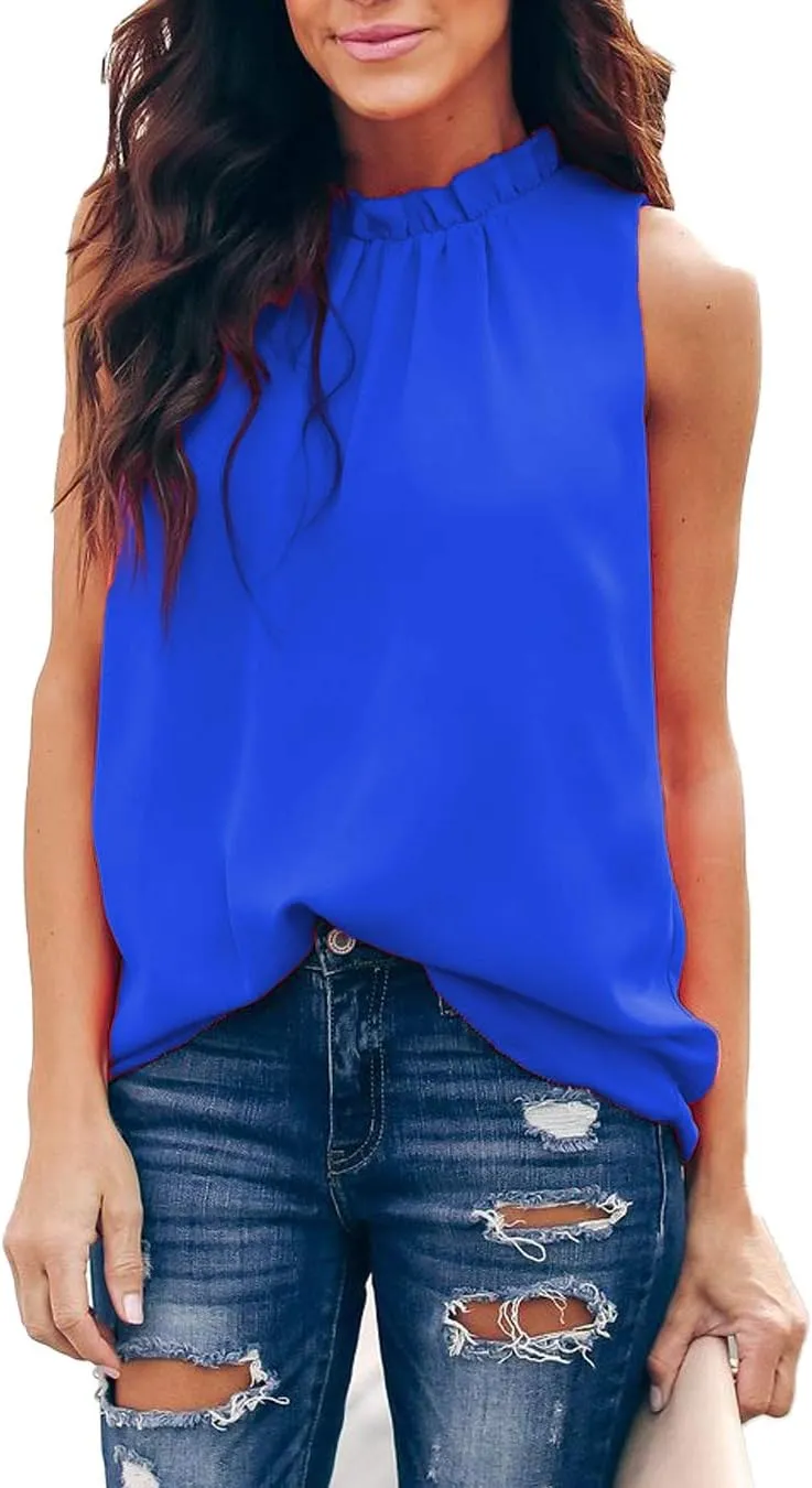 Allimy Women Summer Ruffle Trim Neckline Tank Tops Double Lined Chiffon Blouses