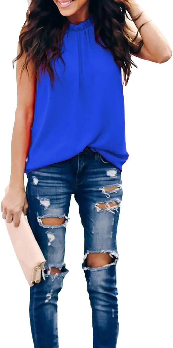Allimy Women Summer Ruffle Trim Neckline Tank Tops Double Lined Chiffon Blouses