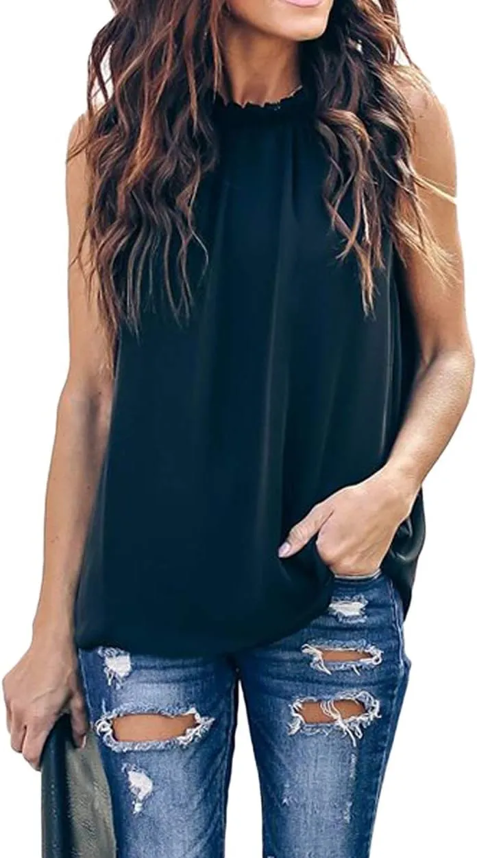 Allimy Women Summer Ruffle Trim Neckline Tank Tops Double Lined Chiffon Blouses