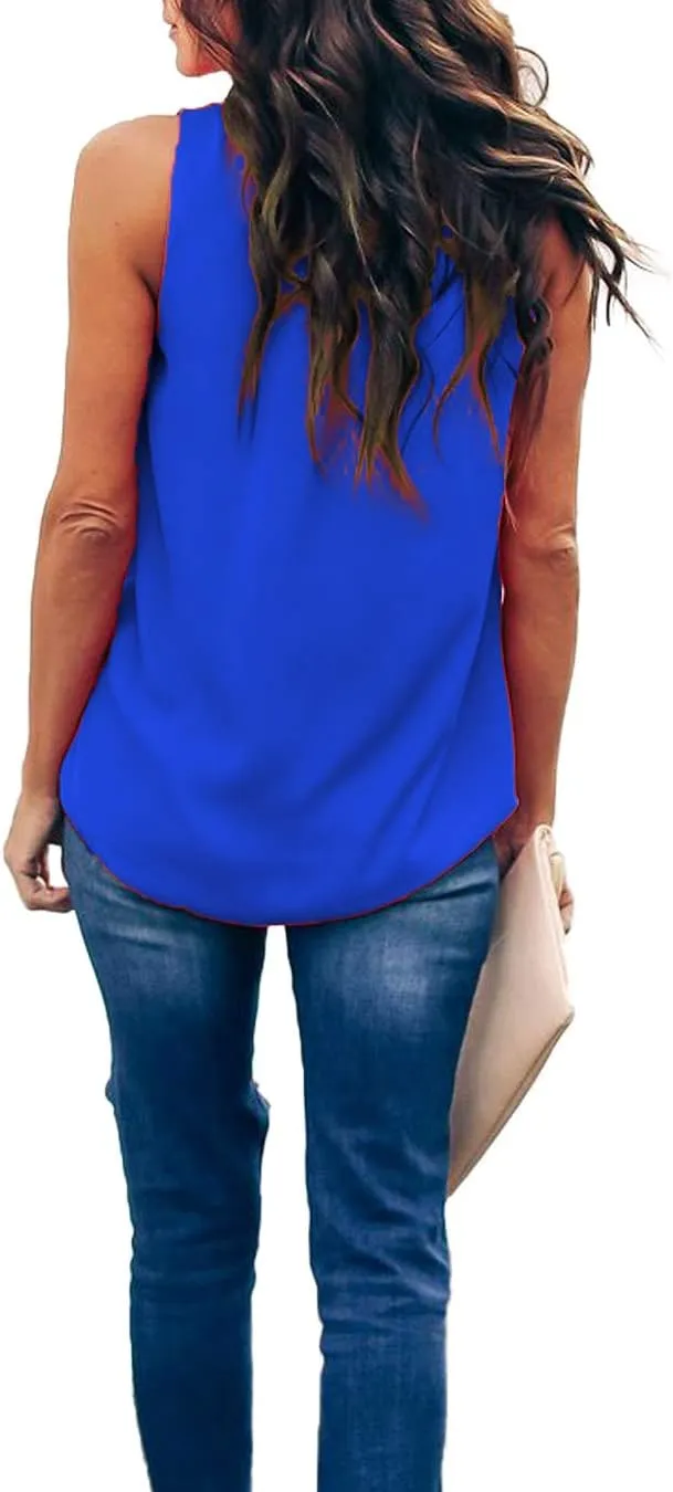 Allimy Women Summer Ruffle Trim Neckline Tank Tops Double Lined Chiffon Blouses