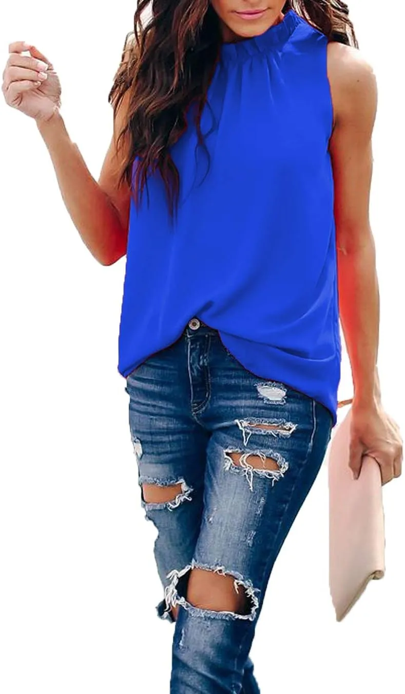 Allimy Women Summer Ruffle Trim Neckline Tank Tops Double Lined Chiffon Blouses