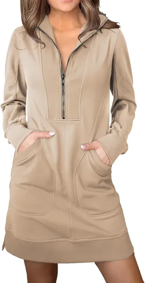 AlvaQ Sweatshirt Dress for Women Fall Winter Casual Long Sleeve Half Zip V Neck Pullover Tunic Tops Mini Dress with Pockets