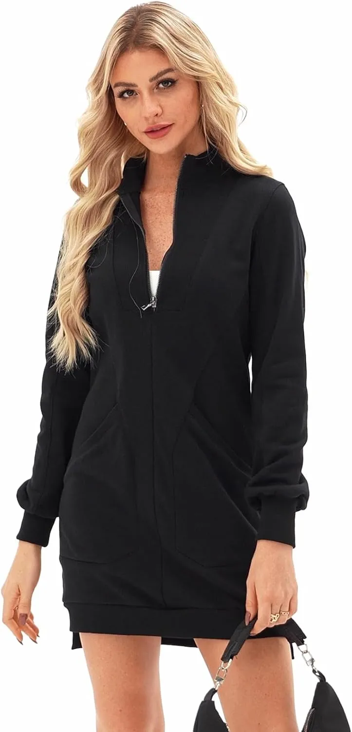 AlvaQ Sweatshirt Dress for Women Fall Winter Casual Long Sleeve Half Zip V Neck Pullover Tunic Tops Mini Dress with Pockets
