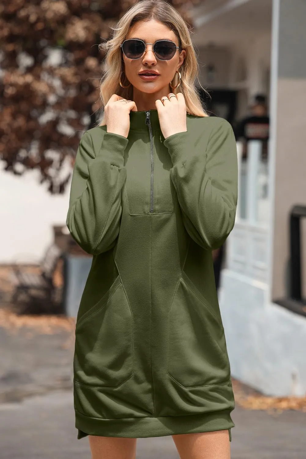 AlvaQ Sweatshirt Dress for Women Fall Winter Casual Long Sleeve Half Zip V Neck Pullover Tunic Tops Mini Dress with Pockets