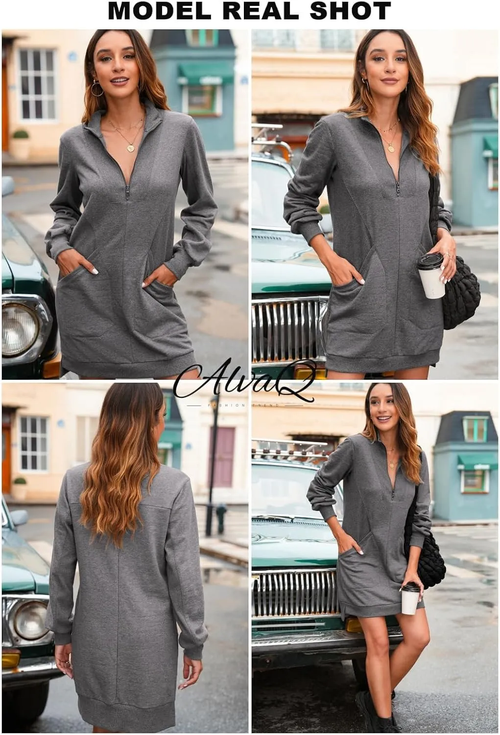 AlvaQ Sweatshirt Dress for Women Fall Winter Casual Long Sleeve Half Zip V Neck Pullover Tunic Tops Mini Dress with Pockets