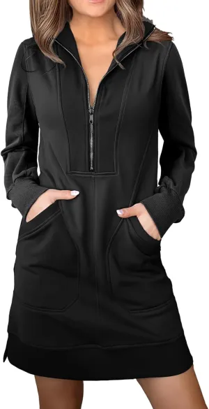 AlvaQ Sweatshirt Dress for Women Fall Winter Casual Long Sleeve Half Zip V Neck Pullover Tunic Tops Mini Dress with Pockets