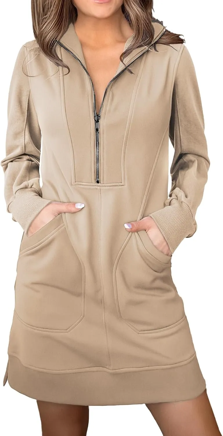 AlvaQ Sweatshirt Dress for Women Fall Winter Casual Long Sleeve Half Zip V Neck Pullover Tunic Tops Mini Dress with Pockets