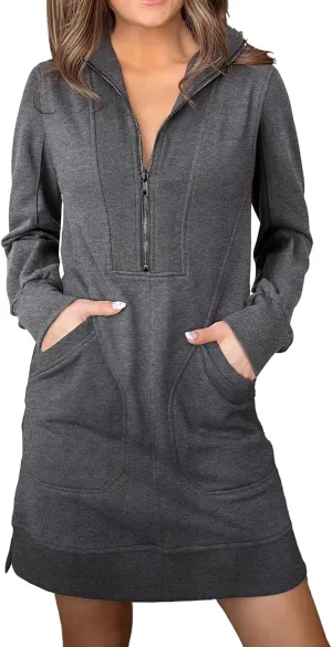 AlvaQ Sweatshirt Dress for Women Fall Winter Casual Long Sleeve Half Zip V Neck Pullover Tunic Tops Mini Dress with Pockets
